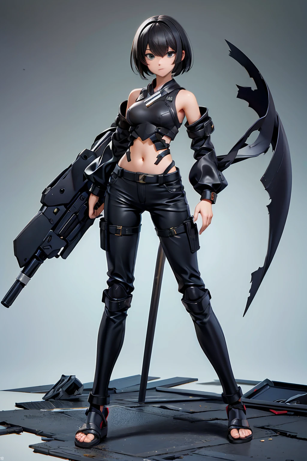 ((Full body photo, standing, feet on the floor)) Black short-haired girl with doll head and flat chest,Ninja costumes,Hand guard,long pants,black socks,Straw sandals,Standing,ruined city