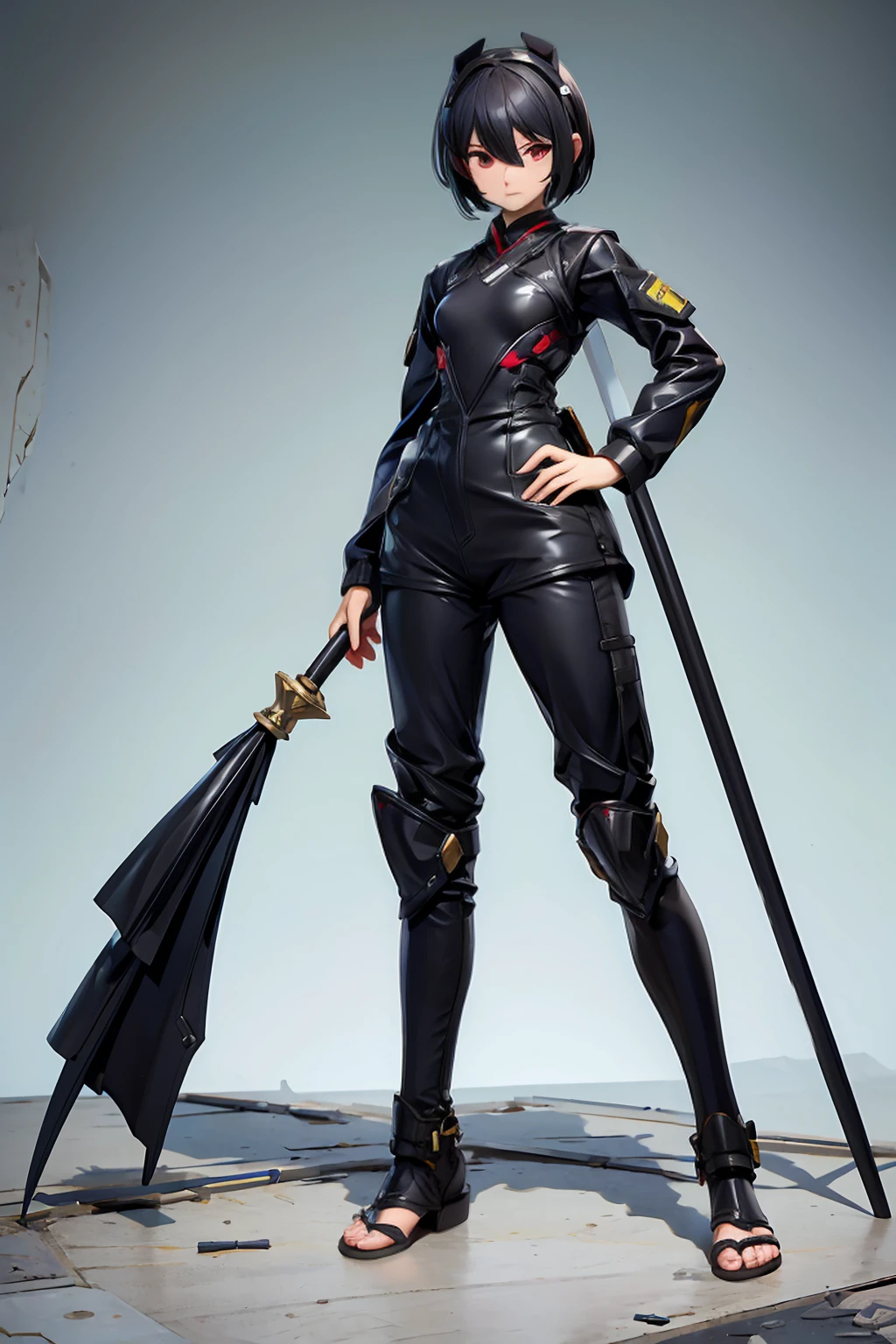 ((Full body photo, standing, feet on the floor)) Black short-haired girl with doll head and flat chest,Ninja costumes,Hand guard,long pants,black socks,Straw sandals,Standing,ruined city