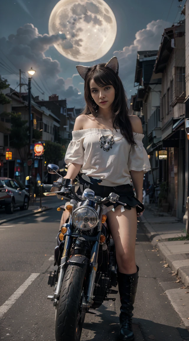 17-year-old Waifu  E-Girl, Cat Ears, Cat Tail, posando na frente de uma motocicleta futurista, the motorcycle has skulls and blue flames highly detailed 3D graphics, night scenery with full moon in the background, she is wearing a White Off-shoulder Blouse with 3D skulls and flames and Sailor Miniskirt, Pantyhose , HDR, epic realism, high-octane rendering, obra de arte,