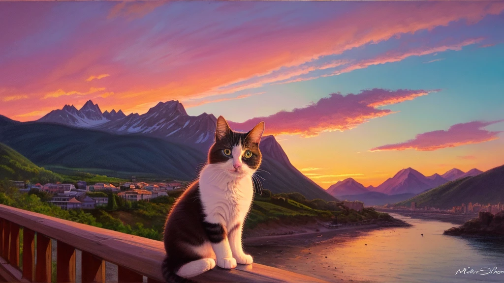 A cat staring at a sunset behind the mountains naking the cat glow, pastel, oil on canvas