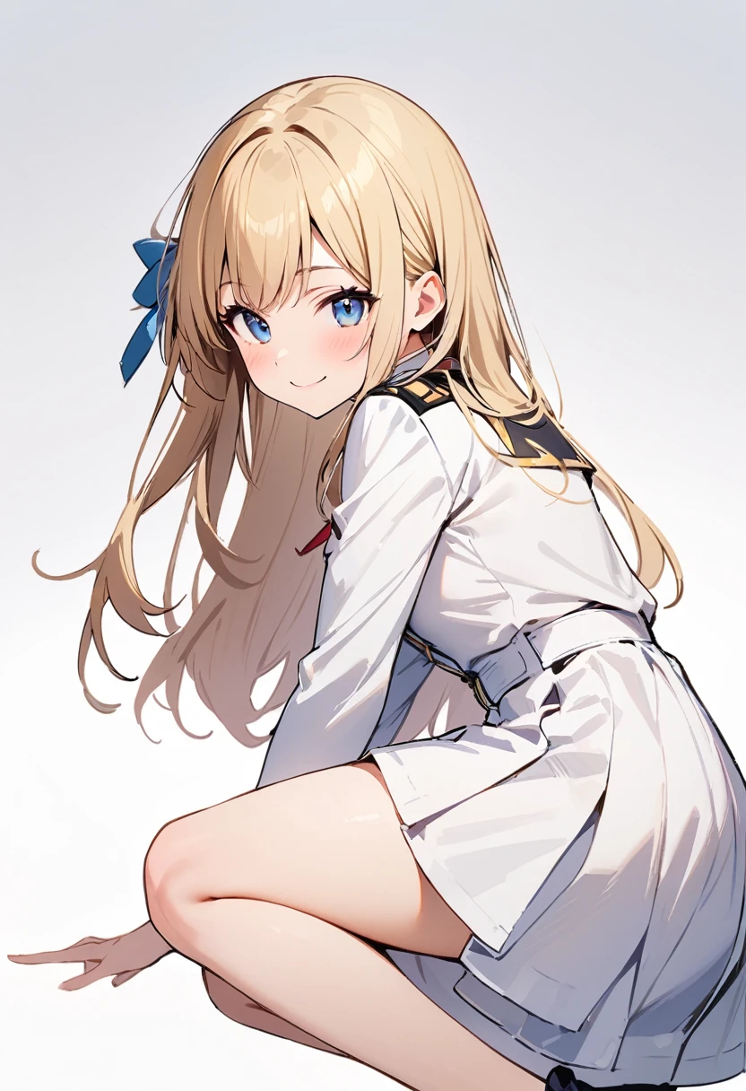 (masterpiece:1.2),Highest quality,Pixiv ,One girl,alone,View your viewers,smile,White background only,whole body,From the side,One knee,,Look to the side、white background only,One girl, uniform, Hair Ribbon, smile, Small breasts,No background