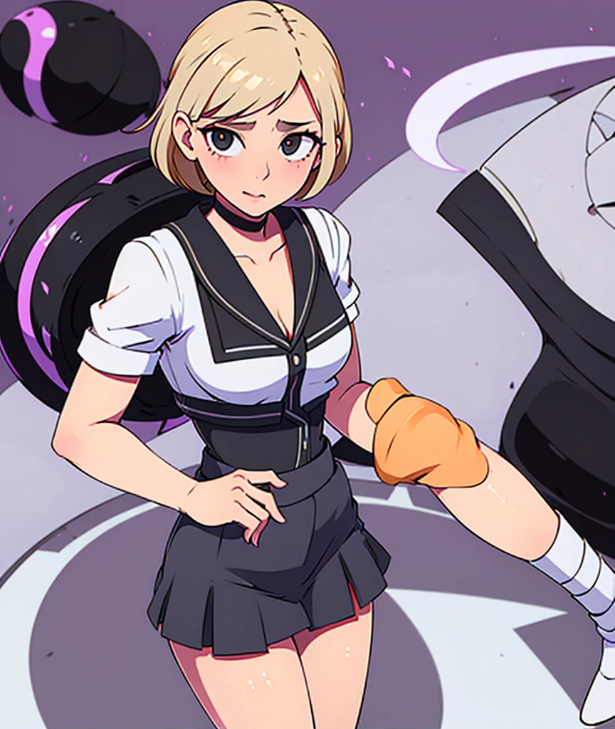 A cute sexy woman beautiful ash blonde hair round short messy cut her slanted orange eye wears white blouse under simple purple shirt and a tight black skirt black heel