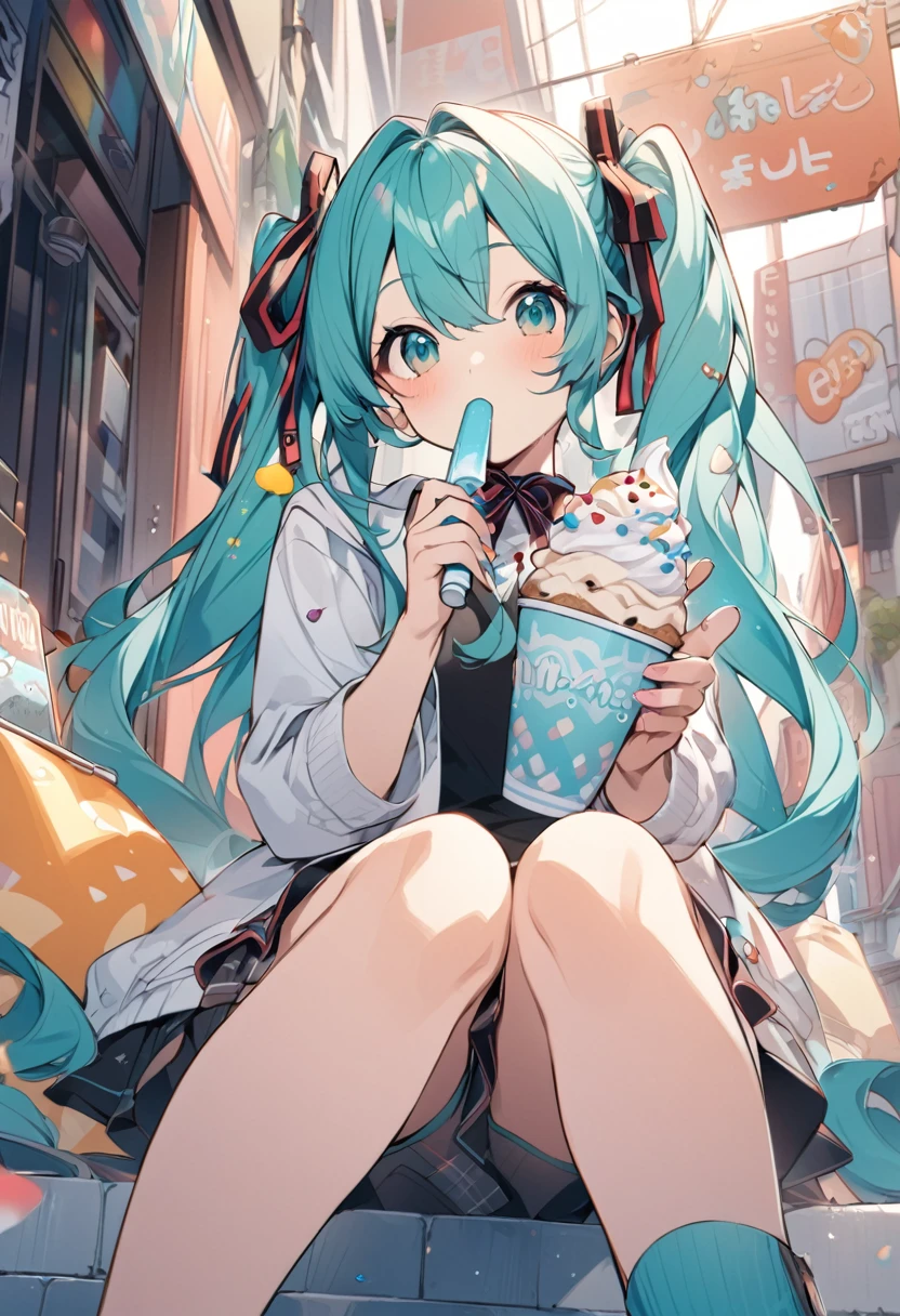 Hatsune Miku、An illustration、holding a soft serve ice cream in hand