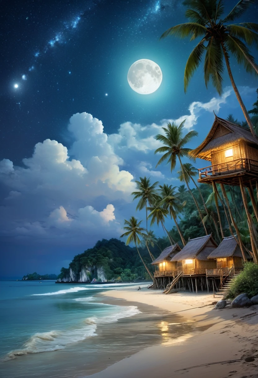 Picturesque village landscape set on the shore of a tranquil sea in Thailand. Illuminated by a night sky full of stars and moon. Create a magical atmosphere Village of bamboo huts with thatched roofs Coconut trees sway gently. Moonlit waves crashing on the shore and fishing boats floating in the water, Carl Larsson, Fujicolor, UHD