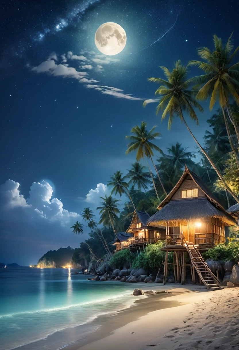 Picturesque village landscape set on the shore of a tranquil sea in Thailand. Illuminated by a night sky full of stars and moon. Create a magical atmosphere Village of bamboo huts with thatched roofs Coconut trees sway gently. Moonlit waves crashing on the shore and fishing boats floating in the water, Carl Larsson, Fujicolor, UHD