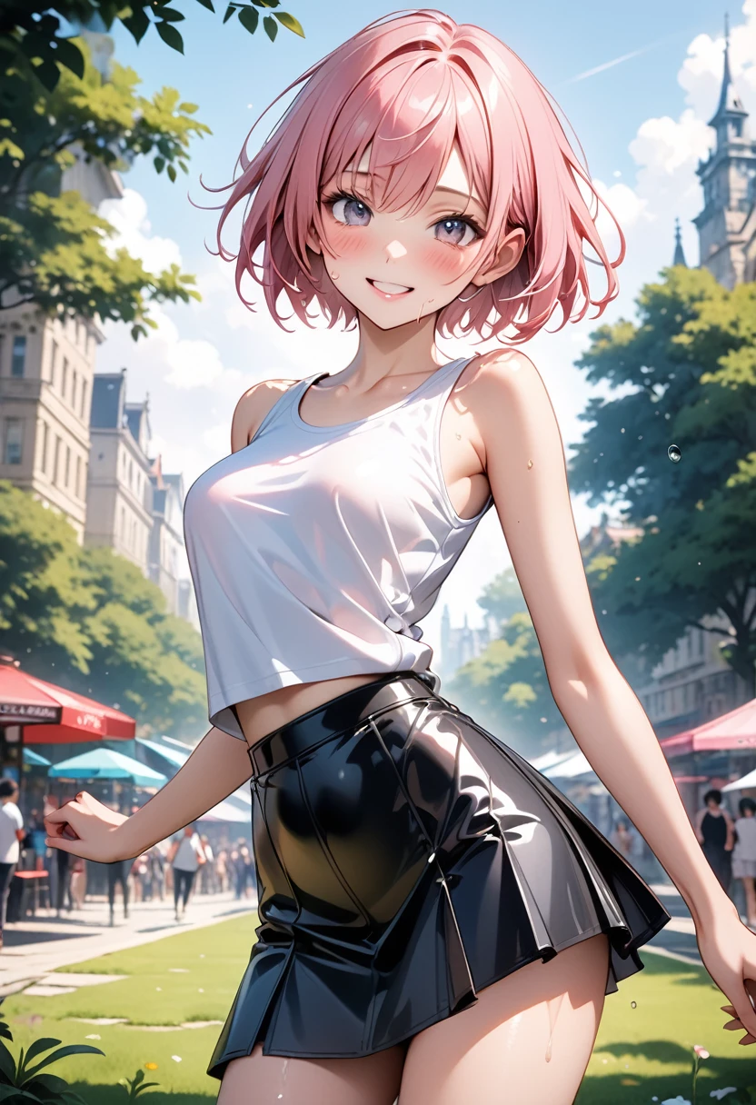((Pastel_colors_latex Tank top, Dark_colors skirt)), skinny, solo, 1 woman, Masterpiece, highest quality, highest quality, 16K, incredibly absurd, highly detailed, 2.5D, ai-generated, delicate and dynamic, very delicate facial expressions, delicate eye depiction, erotic, only sexy woman, ((A cute and kind face)), healthy figure, ((25-year-old woman)), 160cm tall, medium firm swaying bust, (short hair), (pink hair:1.5), bob cut, black eye, blush, Sweat,Embarrassed,sexy, ((thin thighs)), (camel toe:0.5), (visible nipples:0.8), (Erect nipples,:0.5), shiny and lustrous, facing straight at viewer, smile, ((Oily_skin)), dutch angle, ((erotic pose)), Dynamic poses, A city park in midsummer,