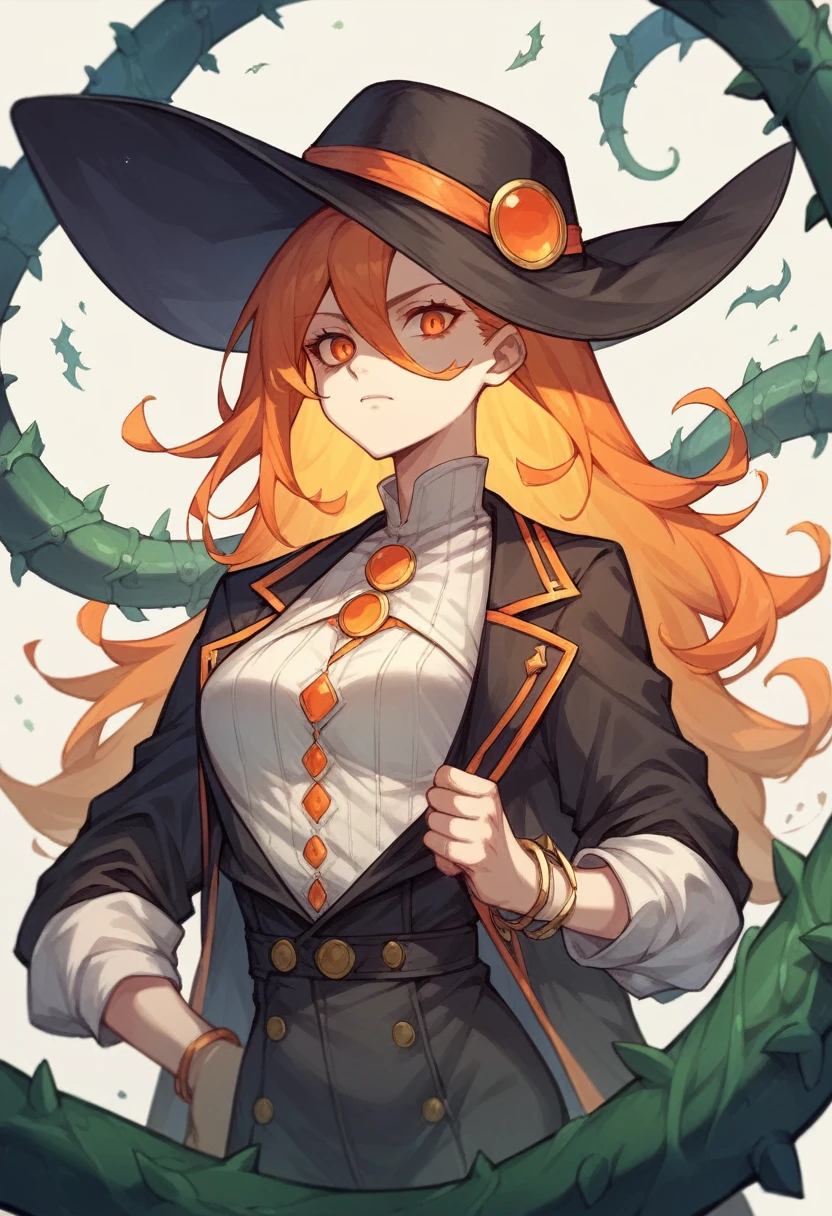 アニメ, White girl , fire orange hair, orange eyes, black captain hat, long sleeve black open shirt, bracelets with thorns, darkcore