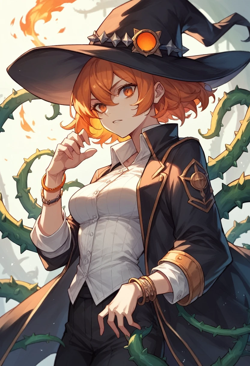 アニメ, White girl , fire orange hair, orange eyes, black captain hat, long sleeve black open shirt, bracelets with thorns, darkcore