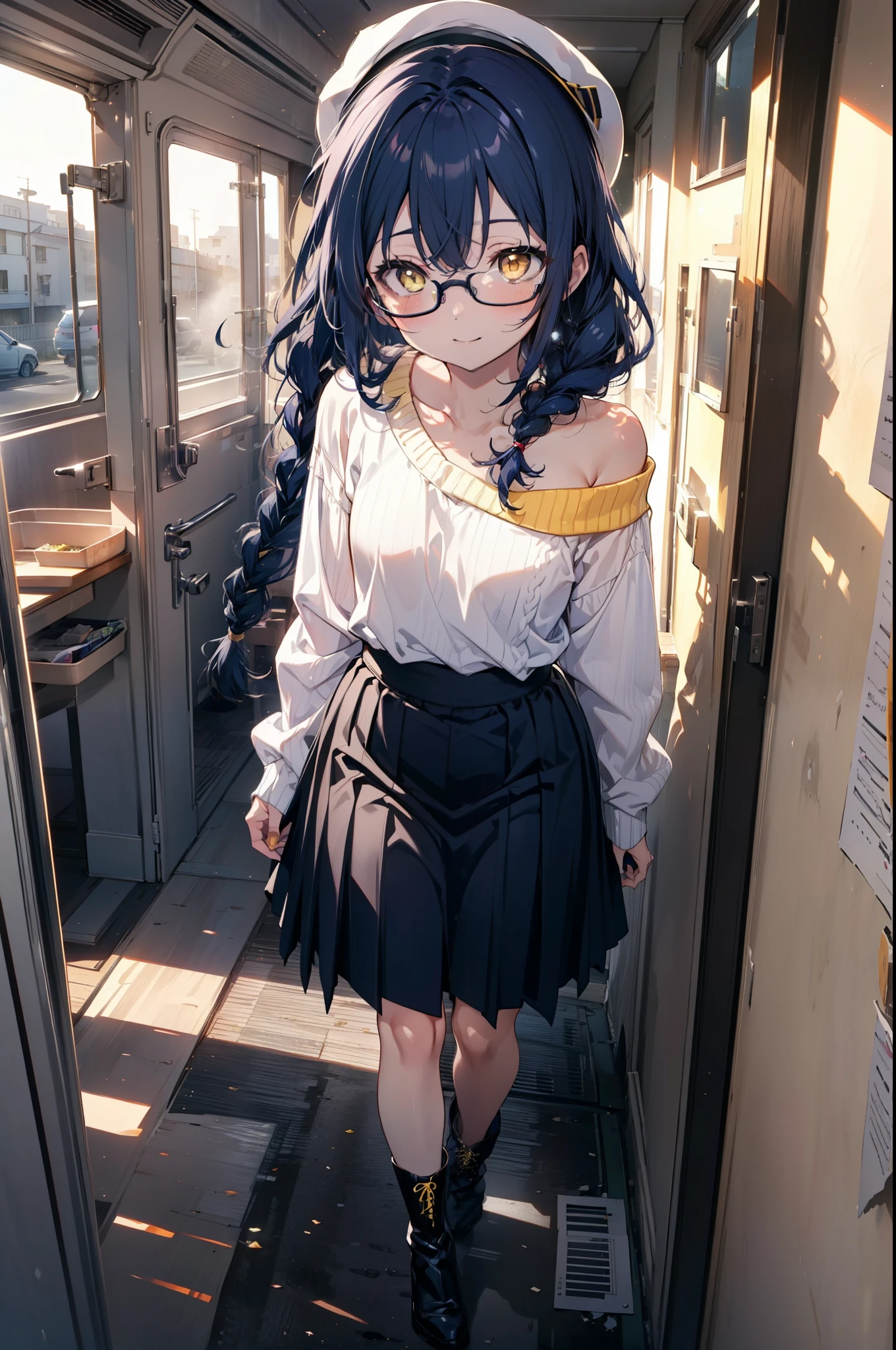 you like it, Umi Sonoda, Long Hair, Blue Hair, (Yellow Eyes:1.5) (Flat Chest:1.2),Blue one-shoulder sweater,Long skirt,short boots,Baseball hats,Black-rimmed glasses,Long braids,smile,Walking,morning,morning陽,The sun is rising,On the way to school,whole bodyがイラストに入るように,
break looking at viewer,whole body,
break outdoors, School,school gate,
break (masterpiece:1.2), Highest quality, High resolution, unity 8k wallpaper, (figure:0.8), (Beautiful attention to detail:1.6), Highly detailed face, Perfect lighting, Highly detailed CG, (Perfect hands, Perfect Anatomy),