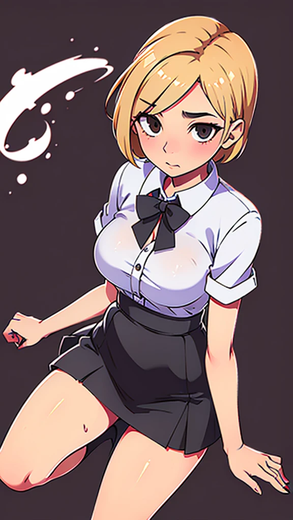 A cute sexy woman beautiful ash blonde hair round short messy cut her slanted orange eye wears white blouse under simple purple shirt and a tight black skirt black heel