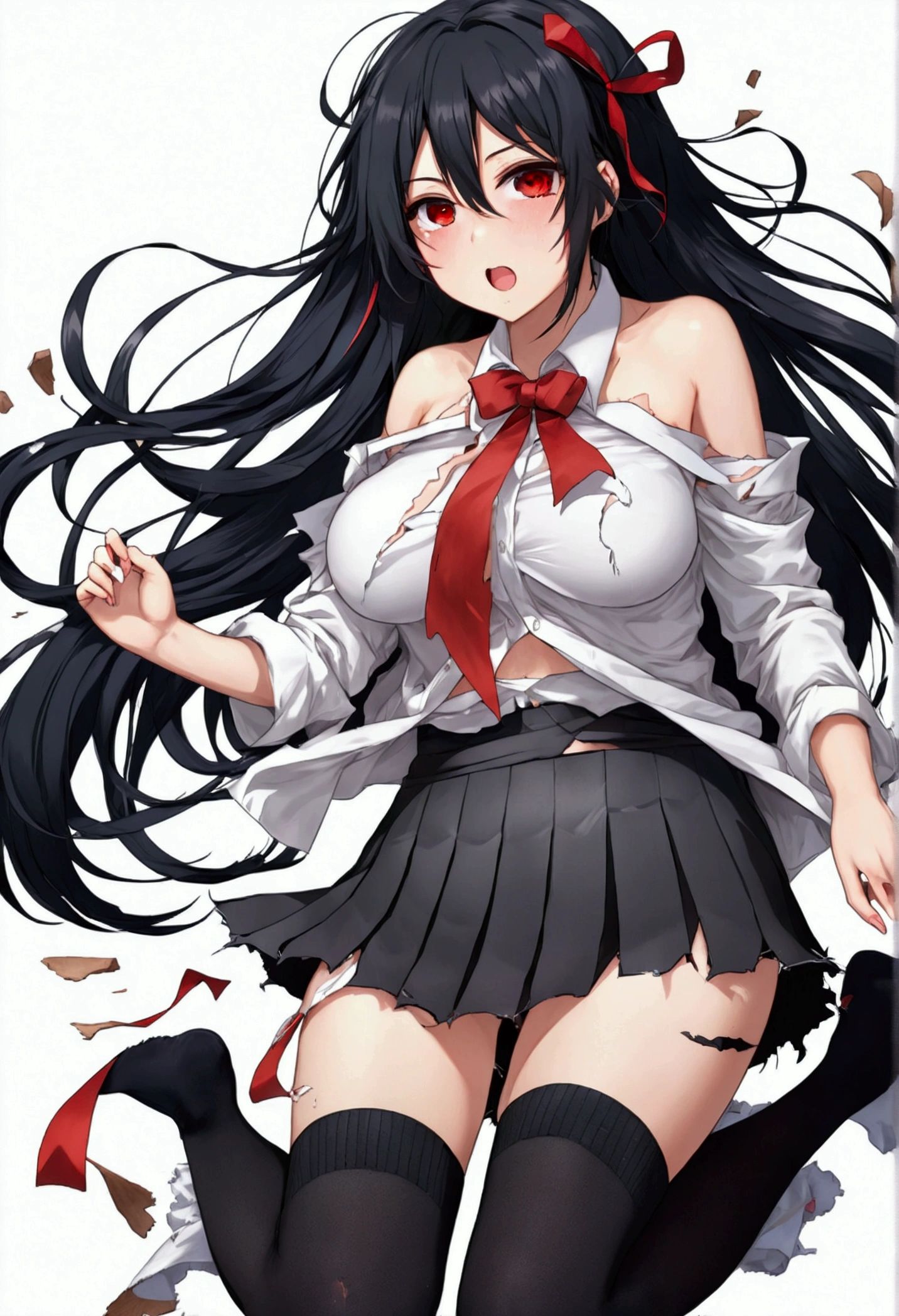 (full figure:1.1), 1 girl as yukino yukinoshita, absurdres, highres, solo, , big breasts, waist long black hair, (twintails:0.5), (pleated miniskirt:1.2), (black thighhigh socks:1.1), loose red ribbon, unbuttoned white shirt, (ahegao:1.2), (rolling eyes:1.2), (torn clothes:1.5), bare breastss, spread legs