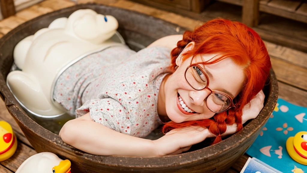 Create a silly, goofy caricature of a  with red hair, glasses, freckles, braces, and braids lying on her back in a wooden washtub full of thick mud with bubbles and a rubber duck in the mud. The point of view is directly overhead. The  has a big smile on her face, and her eyes are closed. There are some toys and books around the washtub. Her toes are sticking out. She has cucumber slices on her eyes.