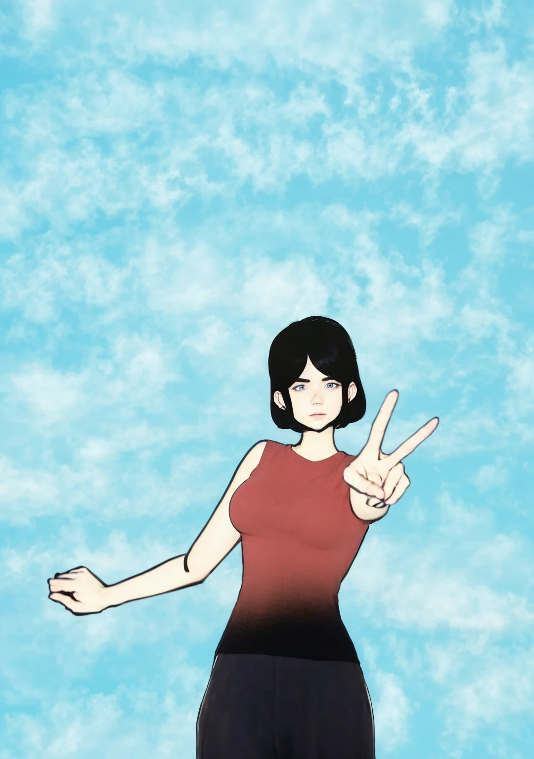 1 with short black hair with bangs with closed eyes and black pants.
