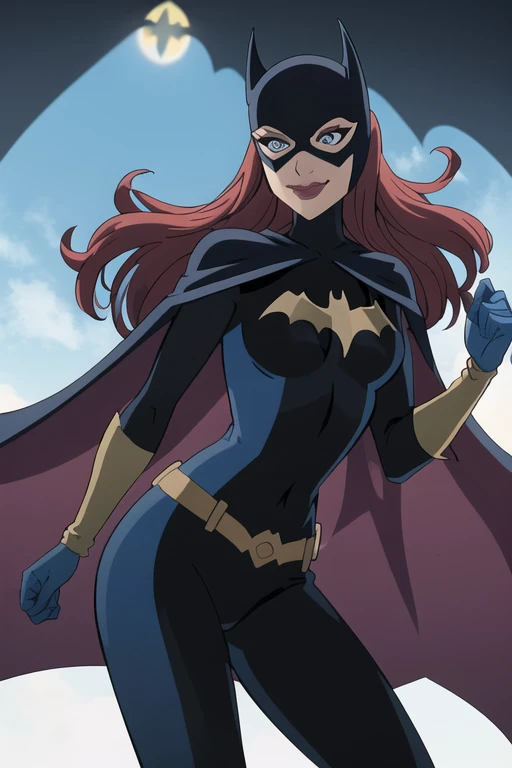BarbaraG, 1girl, solo, long blue cape, big cape, blue mask, belt, gloves, blue eyes, superhero, long hair, bodysuit, lipstick, batgirl, park, smile,