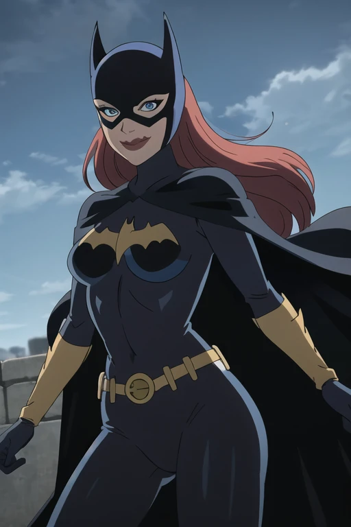 BarbaraG, 1girl, solo, long blue cape, big cape, blue mask, belt, gloves, blue eyes, superhero, long hair, bodysuit, lipstick, batgirl, park, smile,
