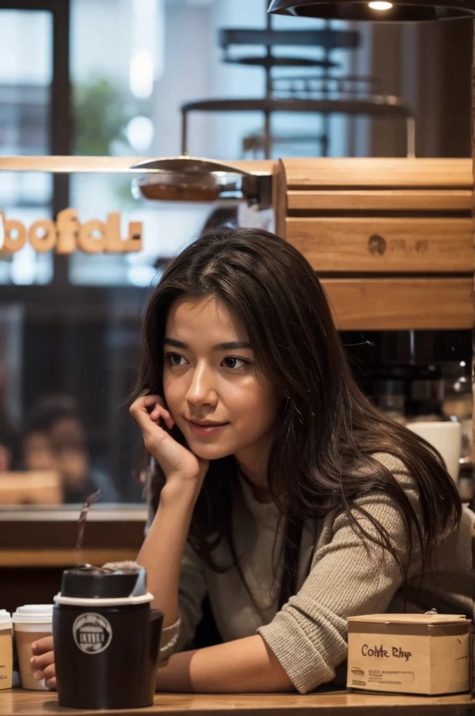 A person in a coffee shop with a thought bubble that says 'I'm thinking about what I'm going to order'. The scene should show a casual coffee shop atmosphere with other people around