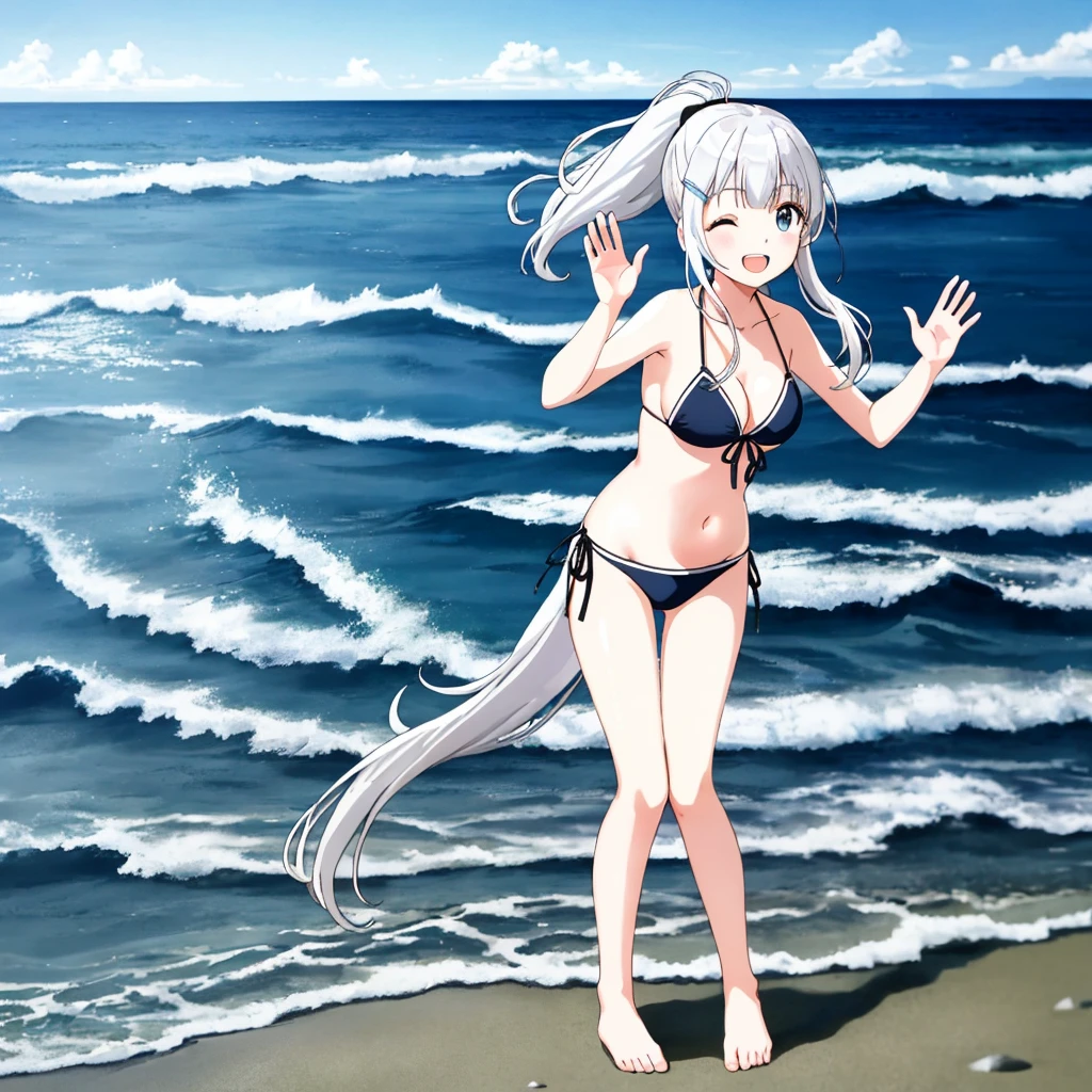 zPDXL2, rating_safe, source_anime, 1girl, 4k quality, detailed background, detailed eyes, (cowboy shot), outdoors,, happy, sunny, naruse shiroha, white hair, blue eyes, black bikini,side-tie bikini bottom,hair clip,left hair clip, legs apart,feet apart,full body, standing spread legs-standing apart,long hair,one eye closed, ponytail,detailed bangs,,solo focus,1 girl,beach,sea,sand, standing straight ,hoshino ai pose,front,looking at viewer, standing pose,legs apart pose,full body, double v pose,hands up, stand straight ,smile, laughing,open mouth