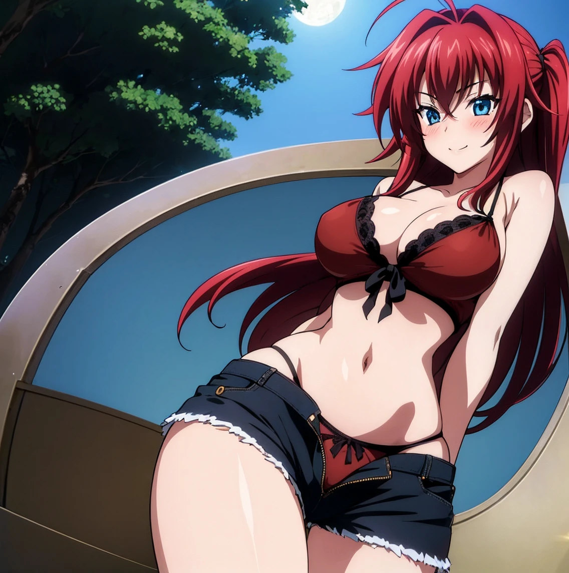 ((1girl)),((alone)),RiasGremory,(masterpiece), (best quality), (ultra detailed), (best illustration), (best shadow), (absurdities), sharp focus, cowboy shot, dynamic pose looking at viewer, big breasts, narrow waist, wide hips, medium thighs, round butt, dynamic posture, red hair, long hair, antenna hair, blue eyes, underwear, shorts, panties, breasts, open fly, ribbon, navel, big breasts, red camisole, cleavage, smile, bowknot panties, two sides up, abdomen, unbuttoned, black shorts, open shorts, denim, unbuttoned, smiling, playful look, seductive smile, closed mouth, seductive expression , (sexy pose: 1.2), ((solo)), standing: 1.3, outdoor, night, cityscape, city, streets, city lights, looking forward , ((focus on hips), point of view (from below), red blush, perfect anatomy, perfect hands.