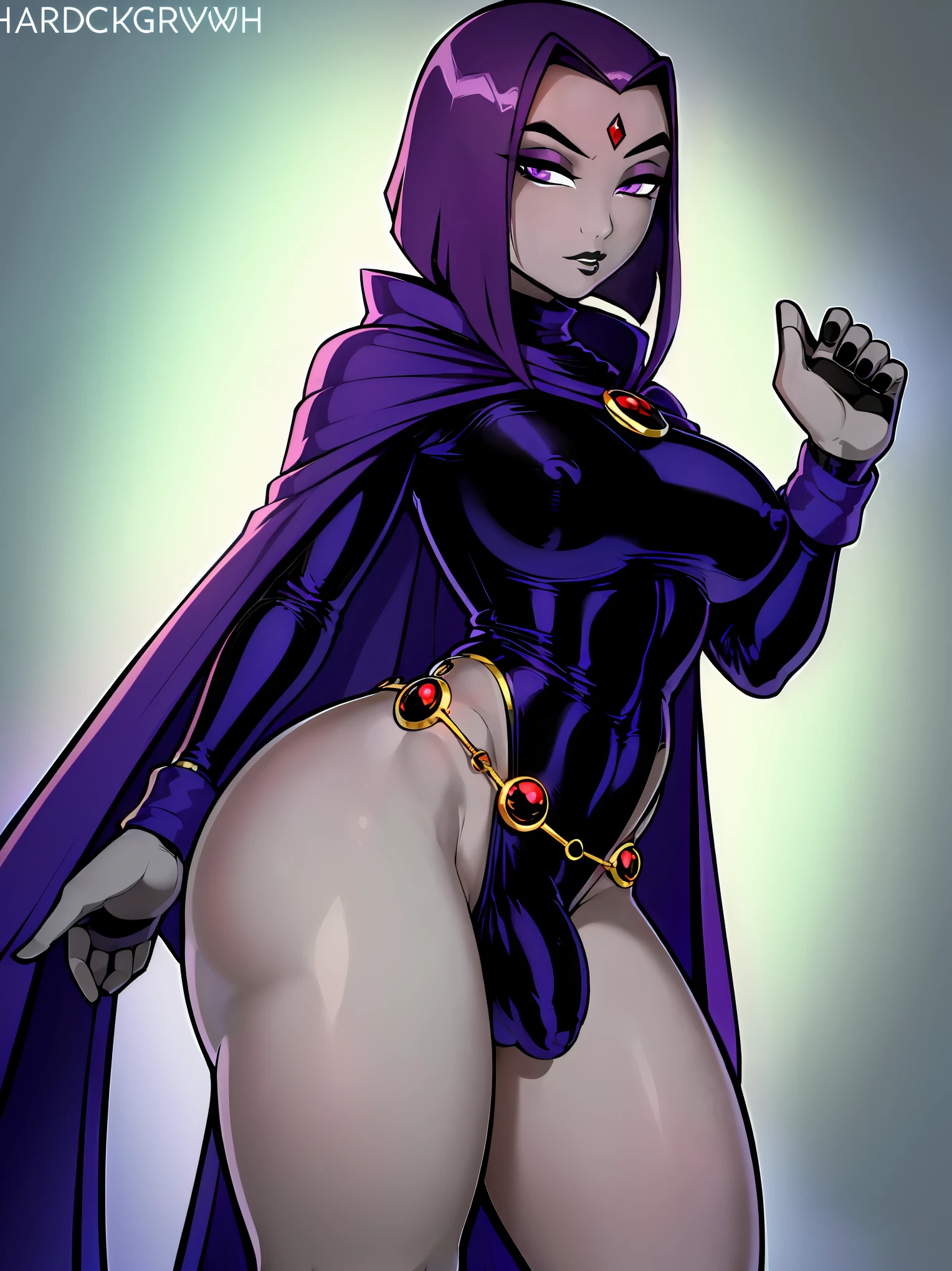 (solo:1.1),(masterpiece), (best quality:1.3), ultra detailed, intricate, (nice hands:1.6), professional art, digital art, absurdres, shadraven, (Full body view:1.1), 1girl, solo, (grey skin:1.4), dark purple hair, bob hair, dark purple eyes, ???? wider than shoulders, pear shaped body, jewellery, detailed thighs, thick thighs, red jewel in forehead, jewels, (long sleeved turtleneck leotard:1.3), cuffs, small ???????, ?????? bulge, (shadraven cloak), (Shadraven broach:1.2), Shadraven jewel belt, Shadraven wearing a long sleeved leotard, long legs, ( long ?????? bulge:1.4), large ?????, large ?????????, side view, looking at viewer, bubble ???? , gluteal crease, universal lighting,,
