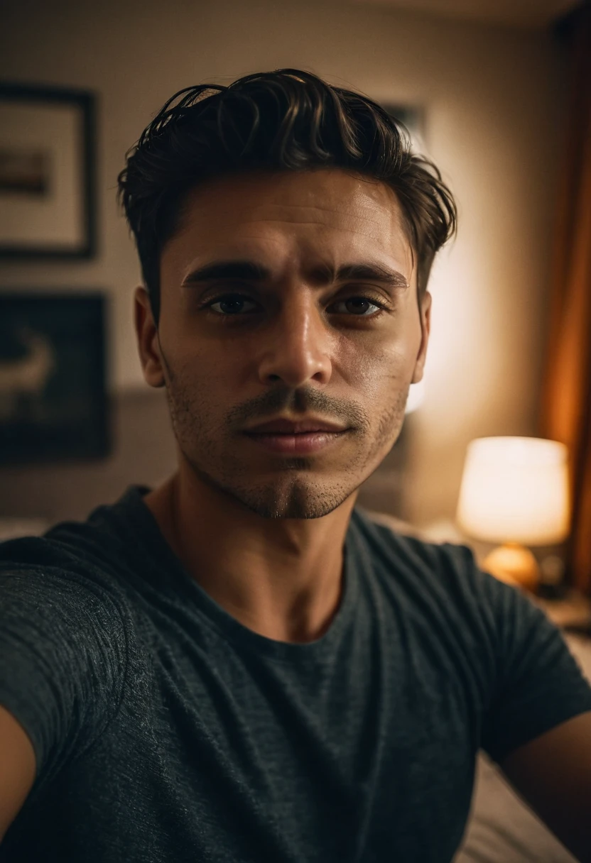 gu, a man taking a selfie in a bedroom, detailed facial features, high quality portrait, dramatic lighting, photorealistic, cinematic, moody atmosphere, warm color tones, shallow depth of field, beautifully lit, intricate details