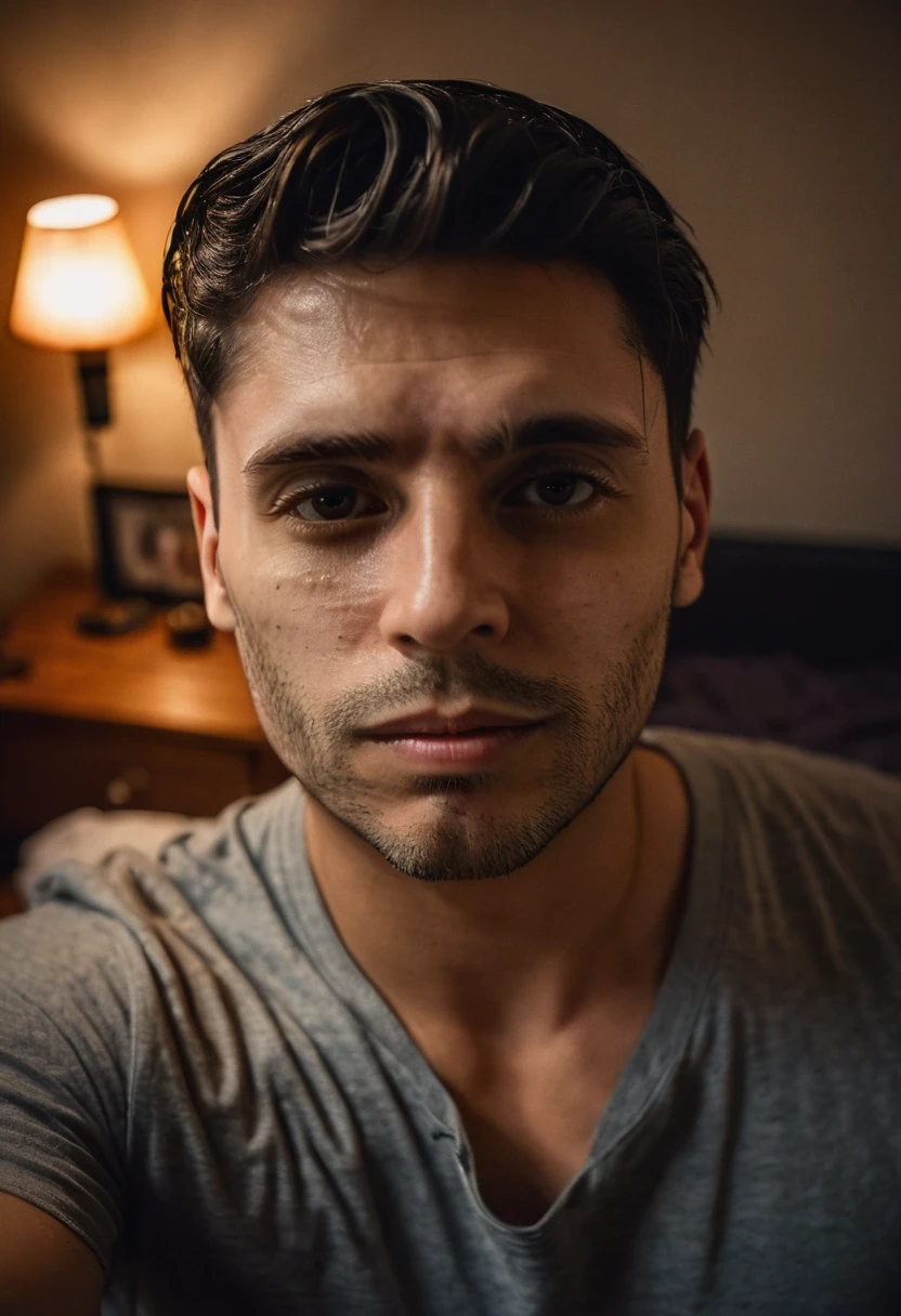 gu, a man taking a selfie in a bedroom, detailed facial features, high quality portrait, dramatic lighting, photorealistic, cinematic, moody atmosphere, warm color tones, shallow depth of field, beautifully lit, intricate details