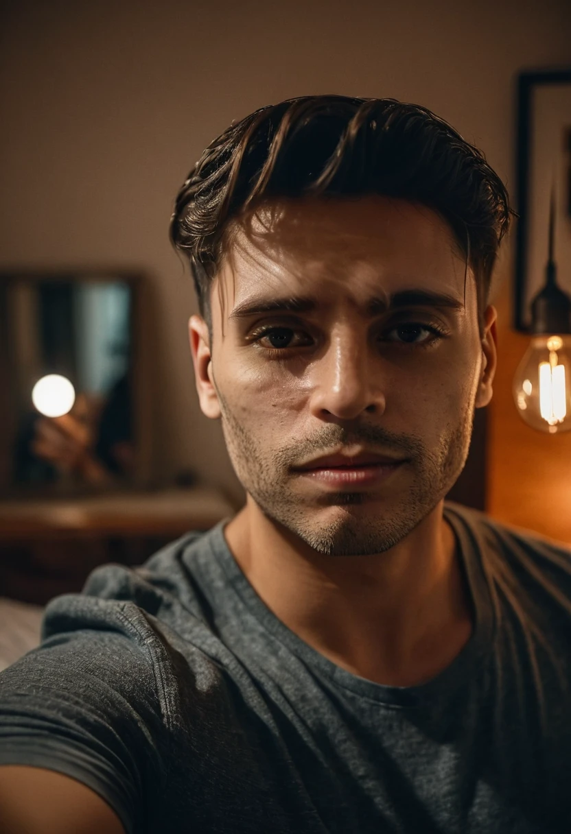 gu, a man taking a selfie in a bedroom, detailed facial features, high quality portrait, dramatic lighting, photorealistic, cinematic, moody atmosphere, warm color tones, shallow depth of field, beautifully lit, intricate details