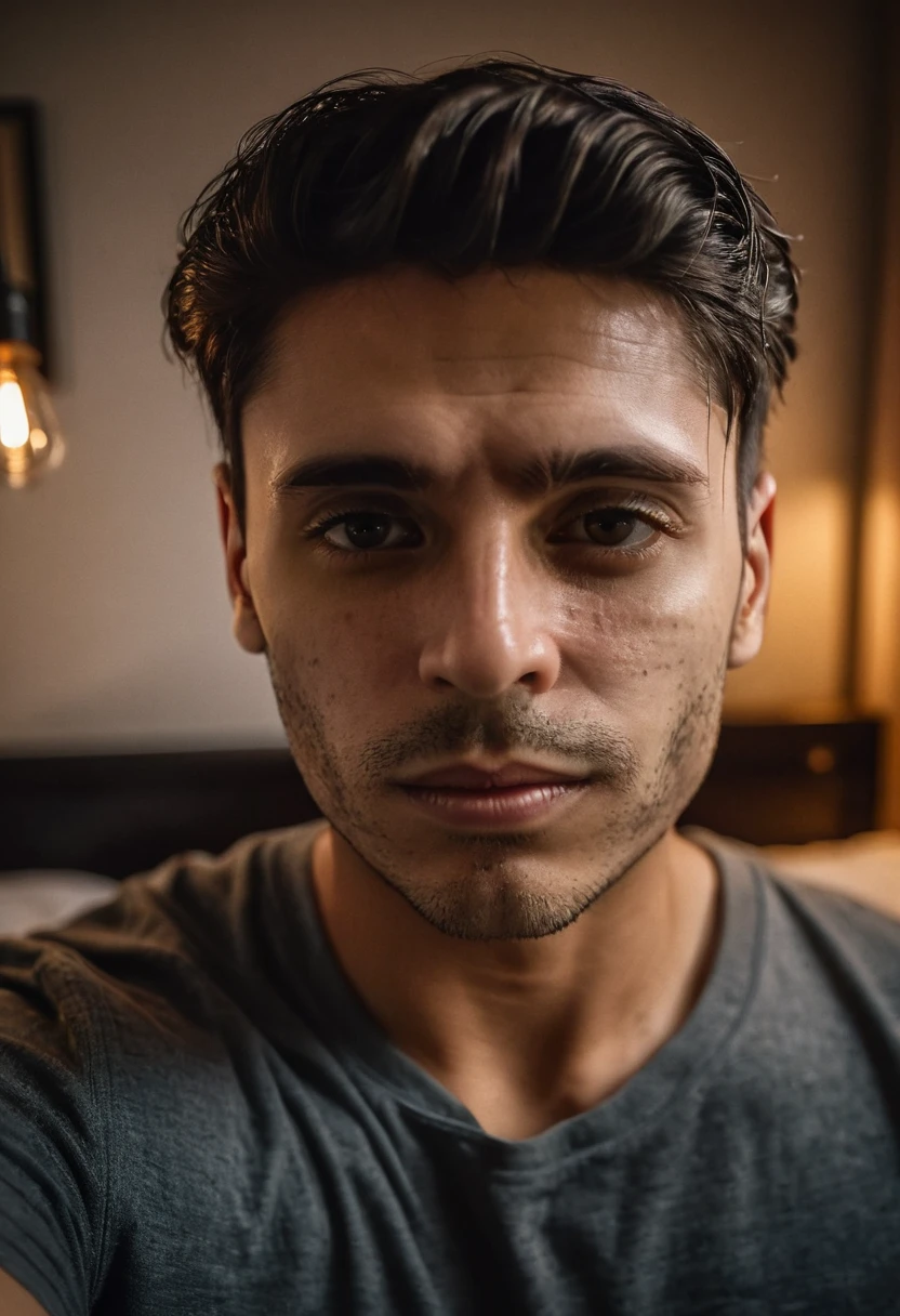 gu, a man taking a selfie in a bedroom, detailed facial features, high quality portrait, dramatic lighting, photorealistic, cinematic, moody atmosphere, warm color tones, shallow depth of field, beautifully lit, intricate details