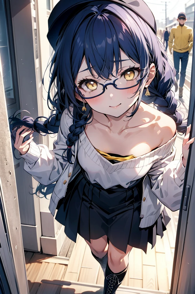 you like it, Umi Sonoda, Long Hair, Blue Hair, (Yellow Eyes:1.5) (Flat Chest:1.2),Blue one-shoulder sweater,Long skirt,short boots,Baseball hats,Black-rimmed glasses,Long braids,smile,Walking,morning,morning陽,The sun is rising,On the way to school,whole bodyがイラストに入るように,
break looking at viewer,whole body,
break outdoors, station,
break (masterpiece:1.2), Highest quality, High resolution, unity 8k wallpaper, (figure:0.8), (Beautiful attention to detail:1.6), Highly detailed face, Perfect lighting, Highly detailed CG, (Perfect hands, Perfect Anatomy),