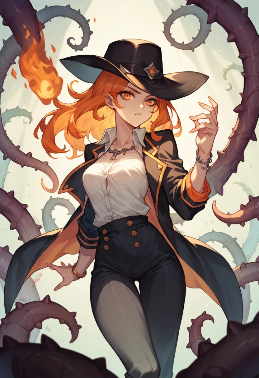 アニメ, White girl , fire orange hair, orange eyes, black captain hat, black coat with no shirt underneath, bracelets with thorns, darkcore
