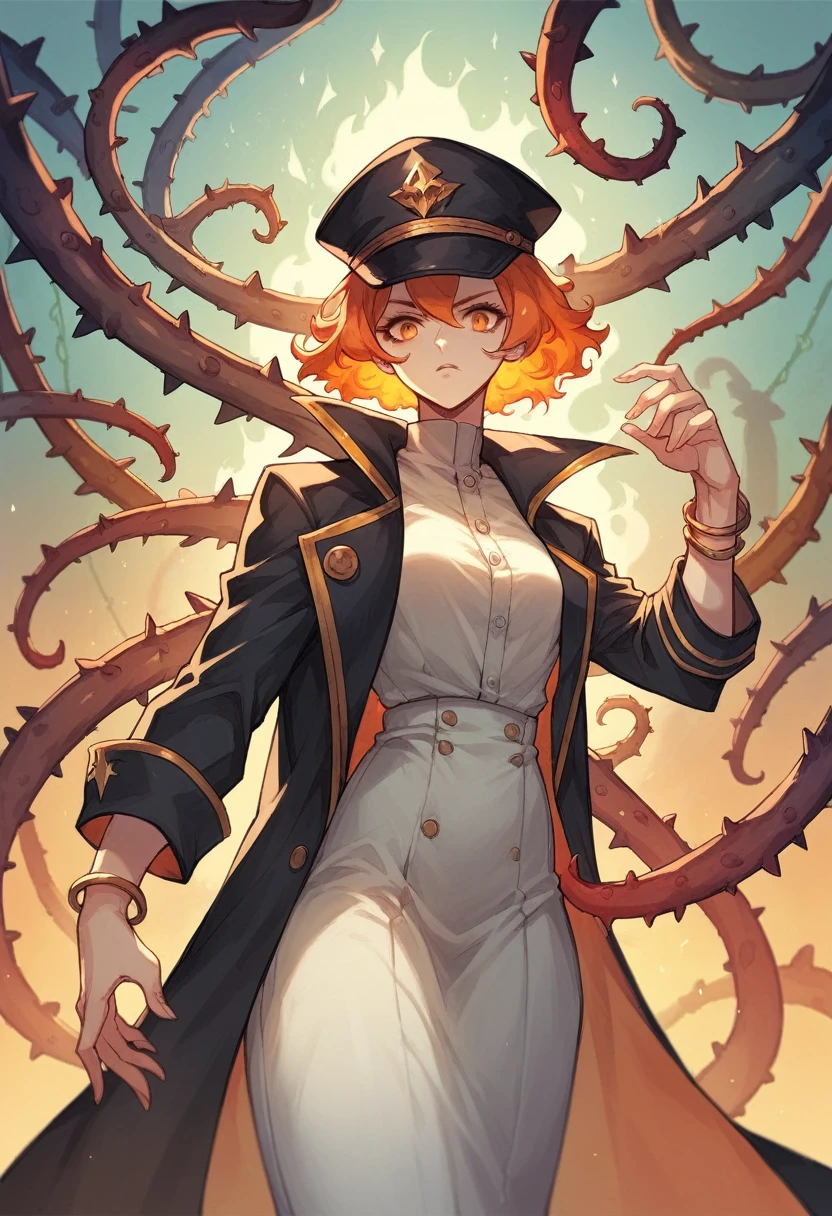 アニメ, White girl , fire orange hair, orange eyes, black captain hat,  long sleeve black open shirt, bracelets with thorns, darkcore ALL Black roupas 