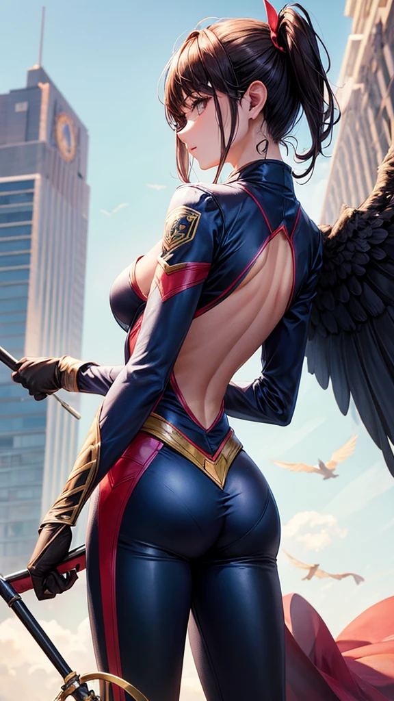 hero costume, for women who have an open back for bird wings (the suit has pants) and it is long sleeve, It is two pieces