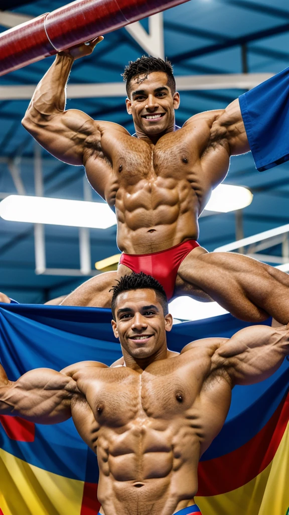 Muscular male bodybuilder gymnastics Brazilian in the Olympics, for muscular roided men, tight super thin waist, on steroids, tanned body