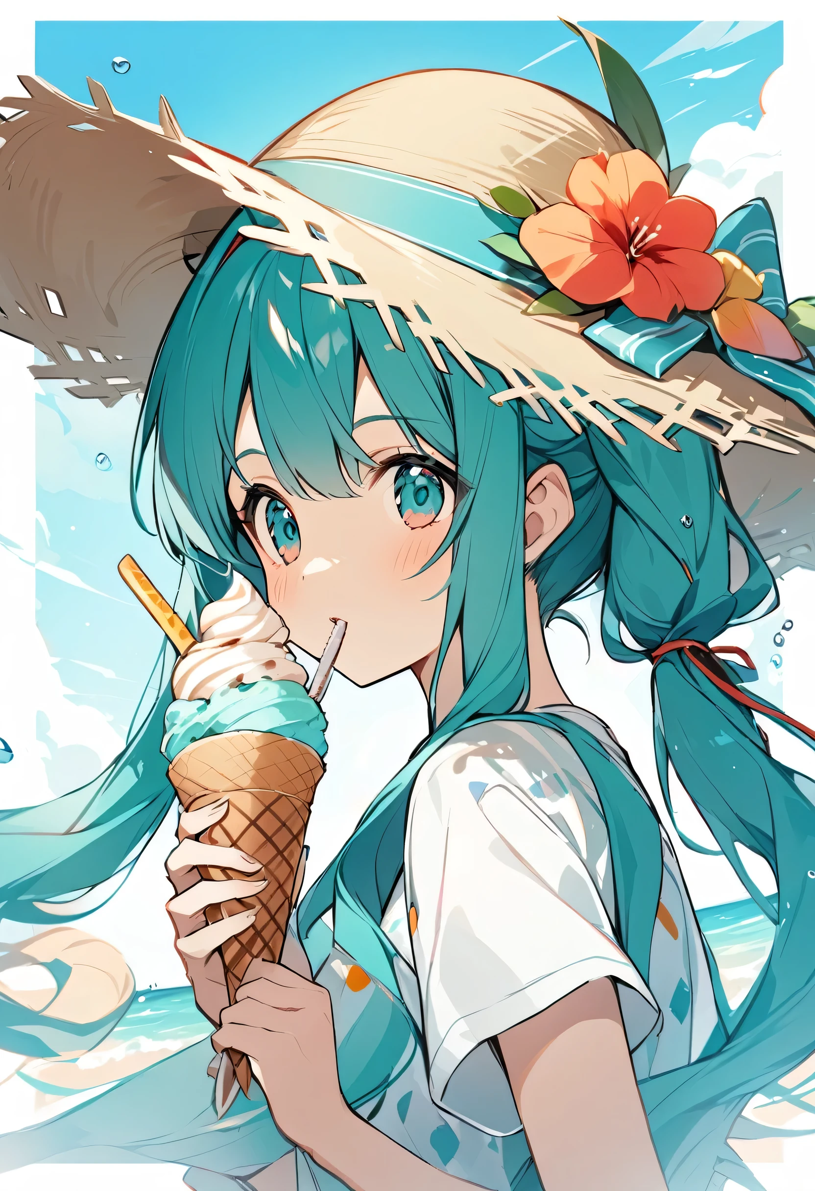 Hatsune Miku、An illustration、holding a soft serve ice cream in hand、Wearing a straw hat、Upper body only、　Short sleeve