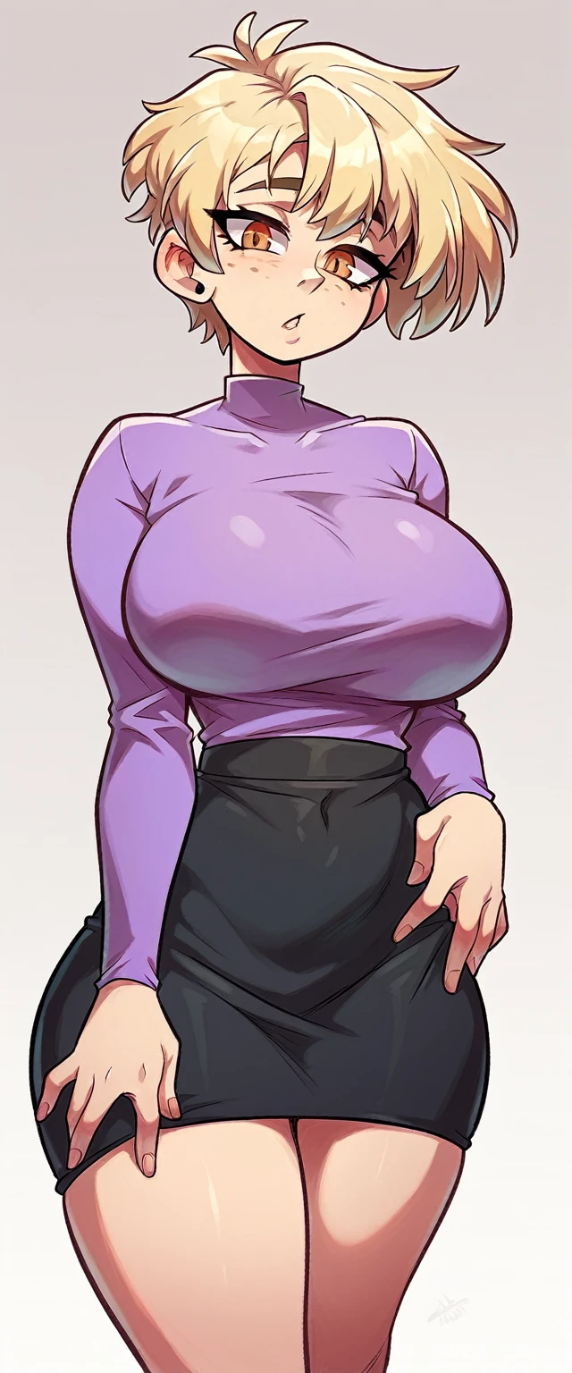 A woman big breasted sexy cute beautiful ash blonde hair round short messy cut her slanted orange eye wears white blouse under simple purple shirt and a tight black skirt black heel