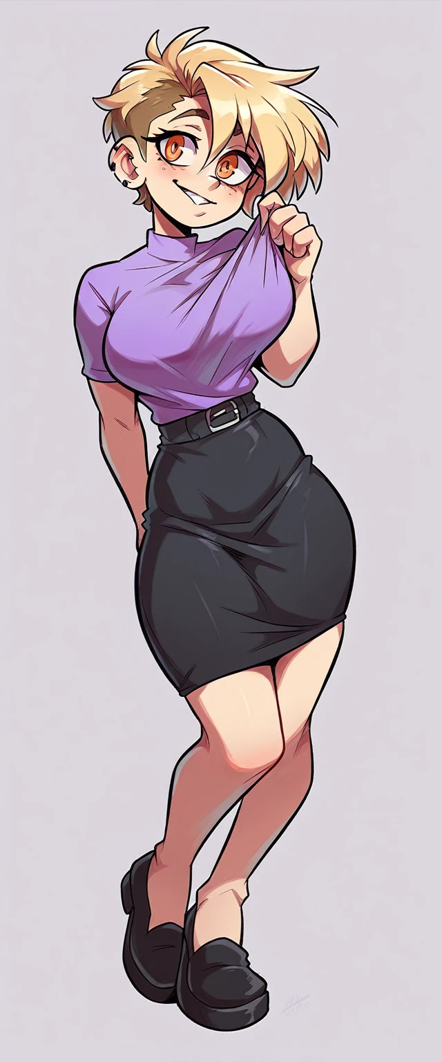 A cute sexy woman beautiful ash blonde hair round short messy cut her slanted orange eye wears white blouse under simple purple shirt and a tight black skirt black heel