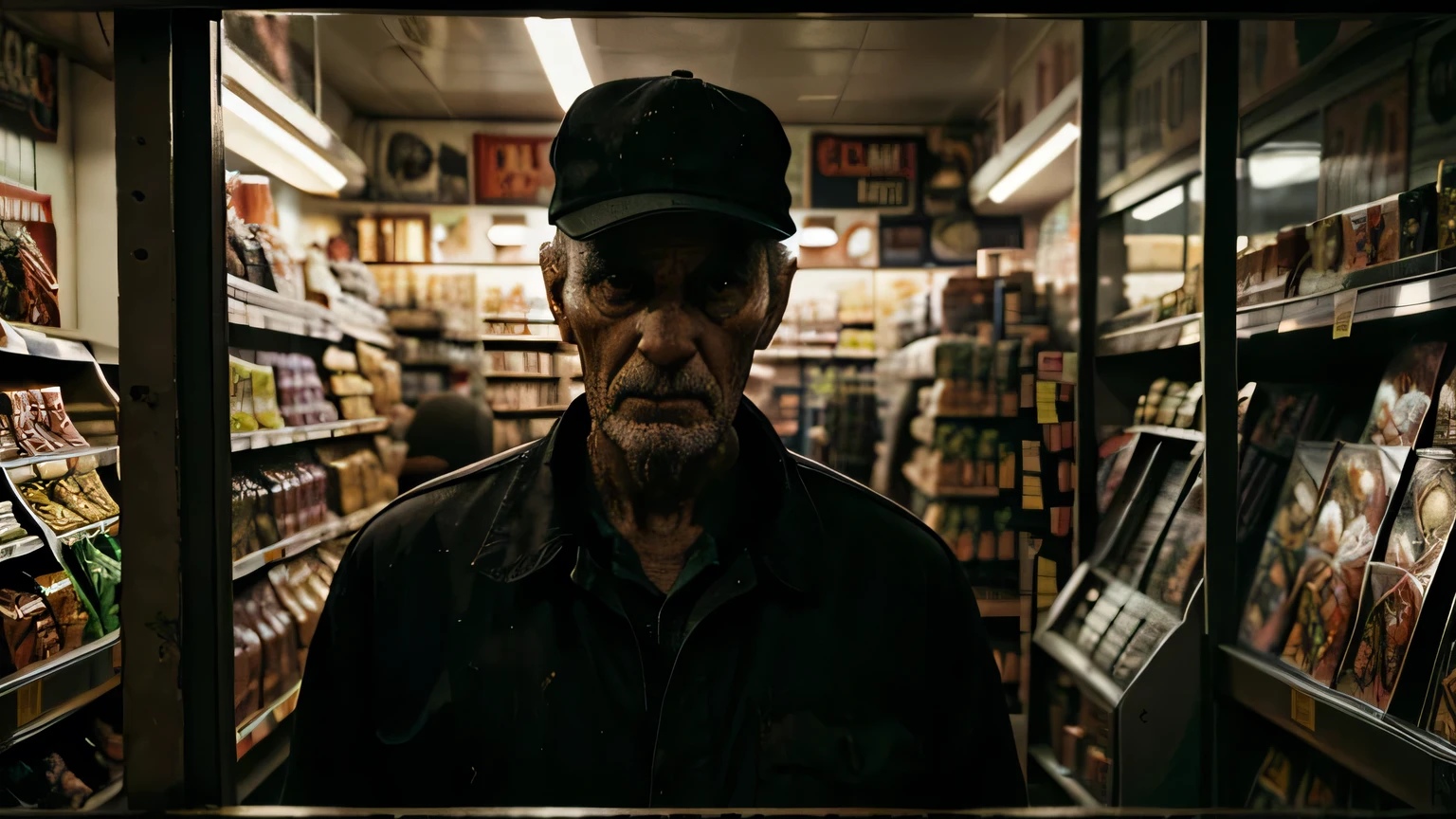 Man retired from war, perfect face, well detailed, scared in a convenience store, in the middle of the night, (super-realistic image), (horror movie atmosphere), (poster), (dark color palette)