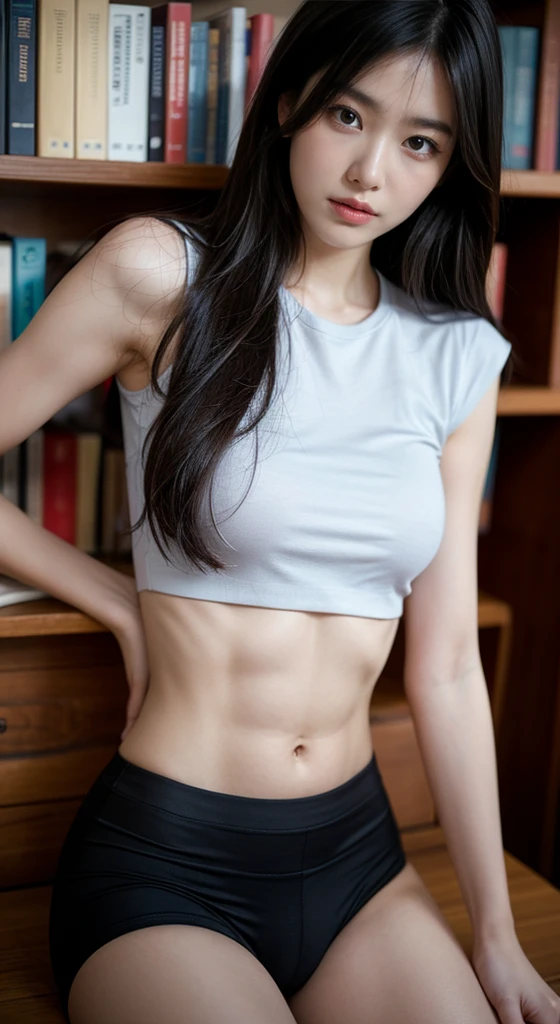 Korean woman, black short shirt，library，Fantasy style，soft light，Rich in detail，dreamy colors，elegant action, shy face, athlete, abs show, , black long hair, fair skin, restore face