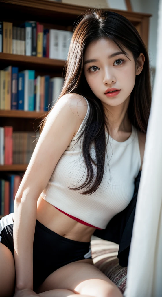 Korean woman, black short shirt,library,Fantasy style,soft light,Rich in detail,dreamy colors,elegant action, shy face, athlete, abs show, , black long hair, fair skin, restore face