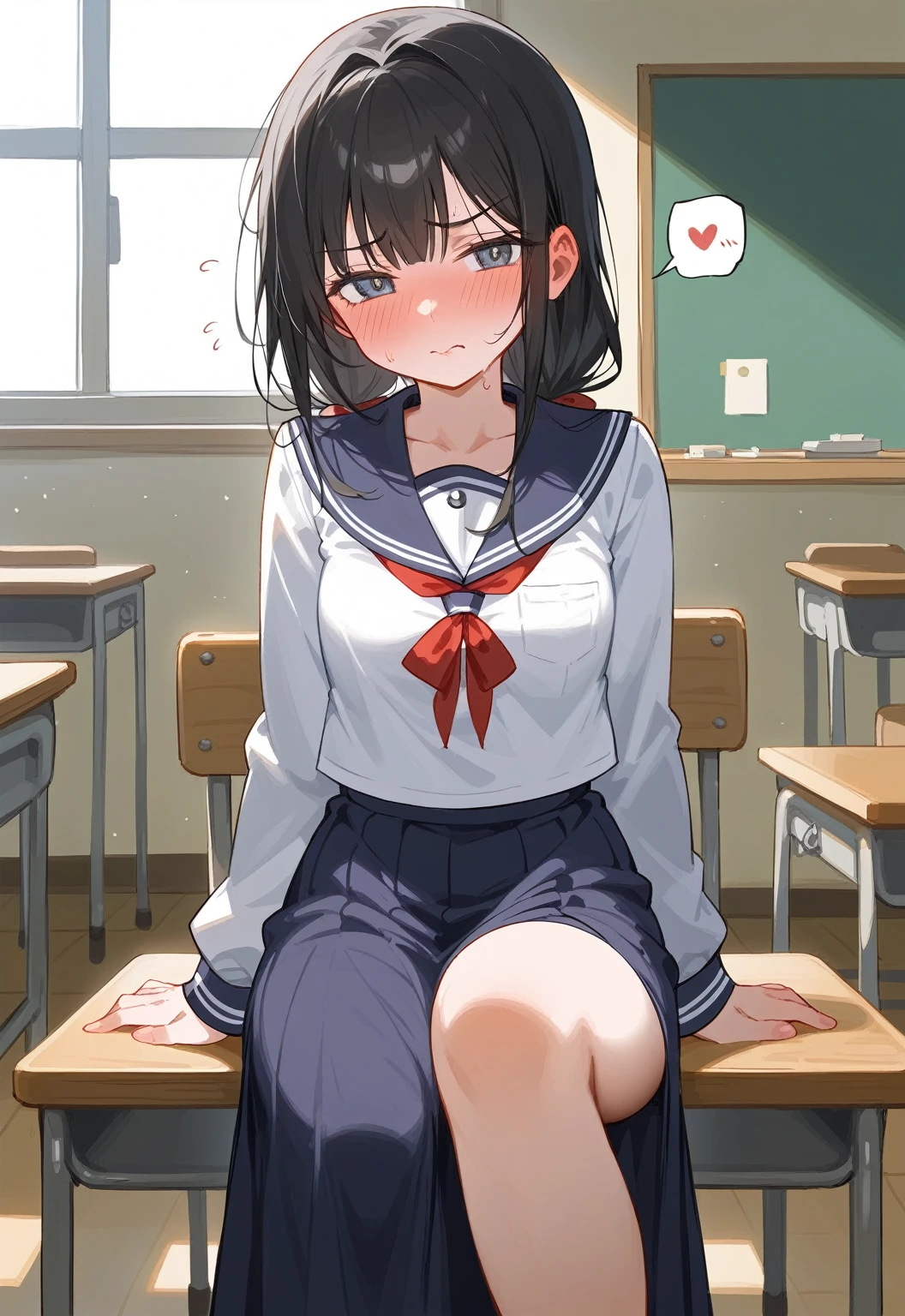 ((((Sexually seducing junior high school girls))))、((((12-year-old girl))))、(((Small budding breasts)))、((Lots of thick pubic hair))、((Highest quality)), ((masterpiece)), (detailed),Japanese、whole body、solo、Erotic、、Japanese Classroom、Open sailor suit、A little love juice、Bashfully bashful、blush、Black hair tied at the nape of the neck、low length、(((The sultry sigh spreads across the screen)))、whole bodyから大量の汗、Long skirt