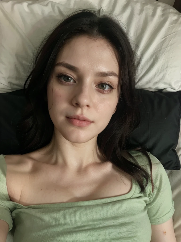 Selfie, Ultrarealistic, pretty face, pale skin, black hair, cleavage, wearing a green top, (selfy with front camera), upper body, in bed, laying in bed, head on pillow
