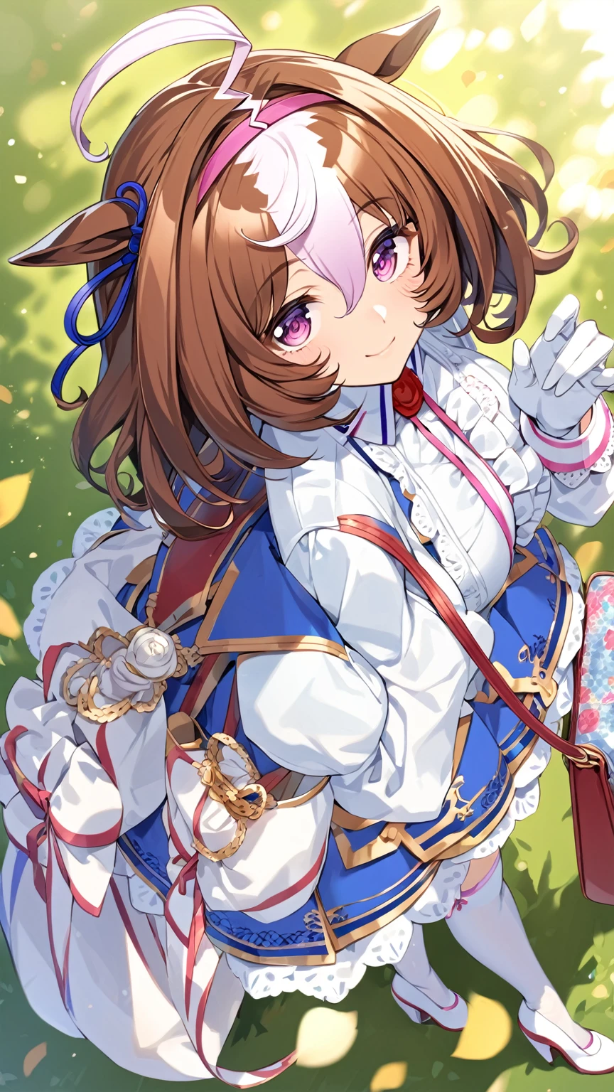 from above,meisho doto \(umamusume\),white shirt, collared shirt, white gloves, shoulder bag, strap between breasts, blue skirt, long sleeves, white thighhighs, high heels, handbag, white footwear, center frills, sleeves past wrist,light smile,looking_at_viewer,Holding a bouquet, cowboy shot