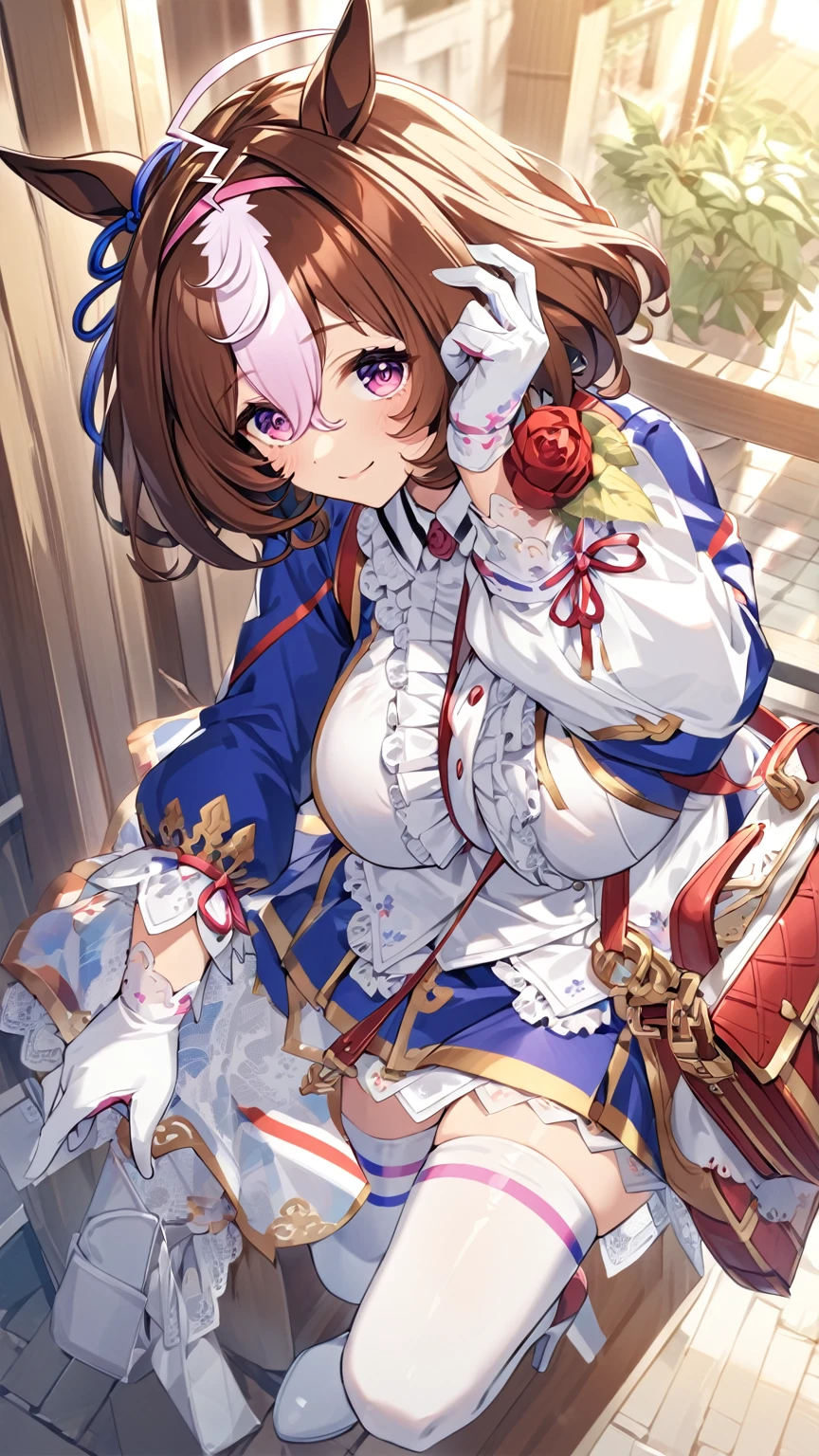 from above,meisho doto \(umamusume\),white shirt, collared shirt, white gloves, shoulder bag, strap between breasts, blue skirt, long sleeves, white thighhighs, high heels, handbag, white footwear, center frills, sleeves past wrist,light smile,looking_at_viewer