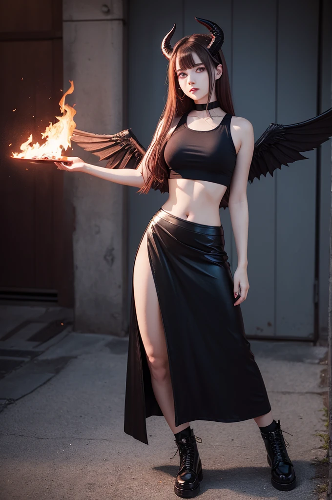 A girl standing full length in a black skirt and a red crop top with her hands burning blue and her eyes shining blue, huge brown hair reaching down to your feet , With wings and demon horns, your shoes are an all star (best quality)