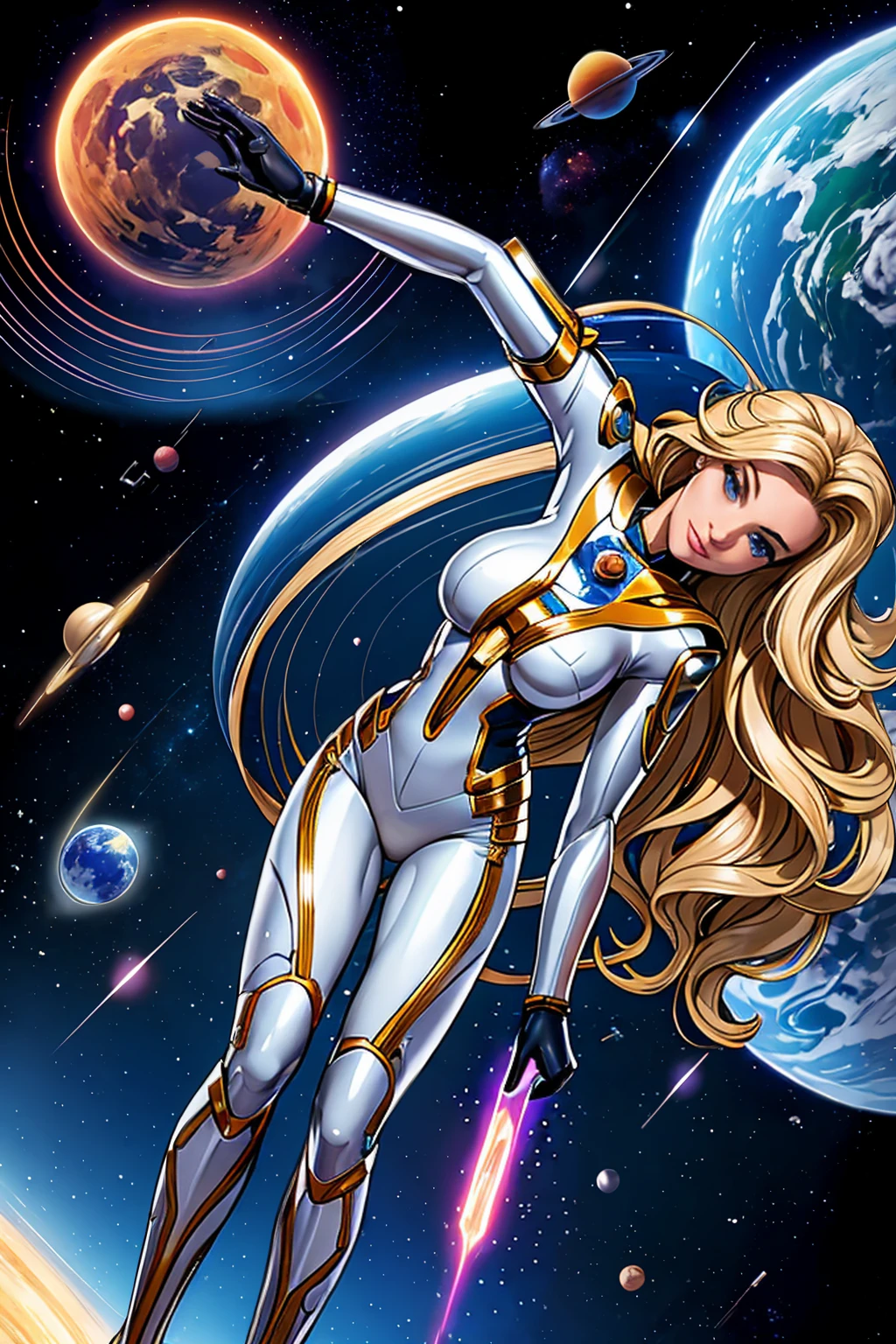 best quality, masterpiece, woman space super hero, beautiful face,full body,hi-tech armour over silver latex suit, long curly blonde hair,flying in super hero pose in deep space, with several planets and suns in the background