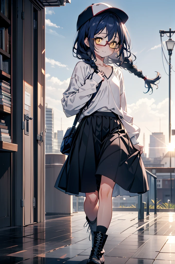 you like it, Umi Sonoda, Long Hair, Blue Hair, (Yellow Eyes:1.5) (Flat Chest:1.2),Blue one-shoulder sweater,Long skirt,short boots,Baseball hats,Black-rimmed glasses,Long braids,smile,Walking,morning,morning陽,The sun is rising,On the way to school,whole bodyがイラストに入るように,
break looking at viewer,whole body,
break outdoors, station,
break (masterpiece:1.2), Highest quality, High resolution, unity 8k wallpaper, (figure:0.8), (Beautiful attention to detail:1.6), Highly detailed face, Perfect lighting, Highly detailed CG, (Perfect hands, Perfect Anatomy),