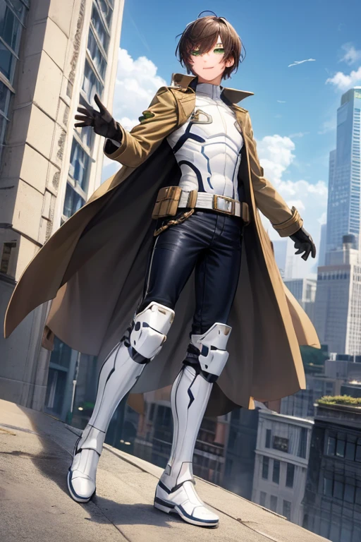 ((best quality)), ((masterpiece)), (detailed), 1 boy in trench coat standing on a building, full body, 19 years old, brown hair with white ends, long, bangs, girlish face, green eyes, mischievous smile, tall and thin, slim, long beige trench coat, open trench coat showing his emblem, black fingerless gloves, white wristbands, white superhero armor, white chest with emblem, blue luminous "I" letter emblem on chest, blue I-shaped emblem, letter I, black pants, white knee pads, metallic white shoes, superhero belt, nanotechnology in the air, city background, anime