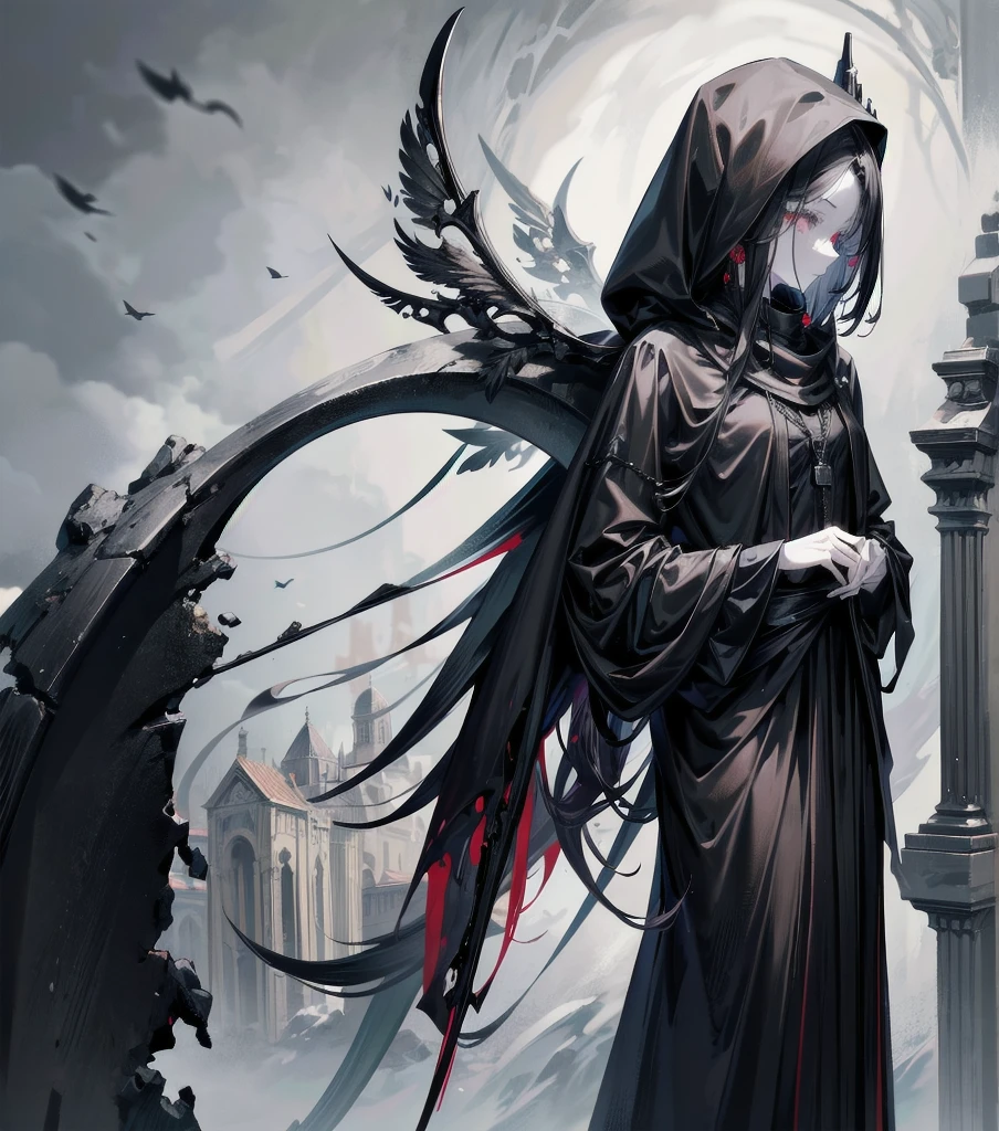 grim reaper, black scythe, absurdres, RAW photo, extremely delicate and beautiful, masterpiece, Best Quality, ultra high resolution, 32k, hyperrealistic, ultra-detailed, detailed description, pale skin, 20 years old, tearful mole, earring, short medium hair, wavy hair, whole body shot,