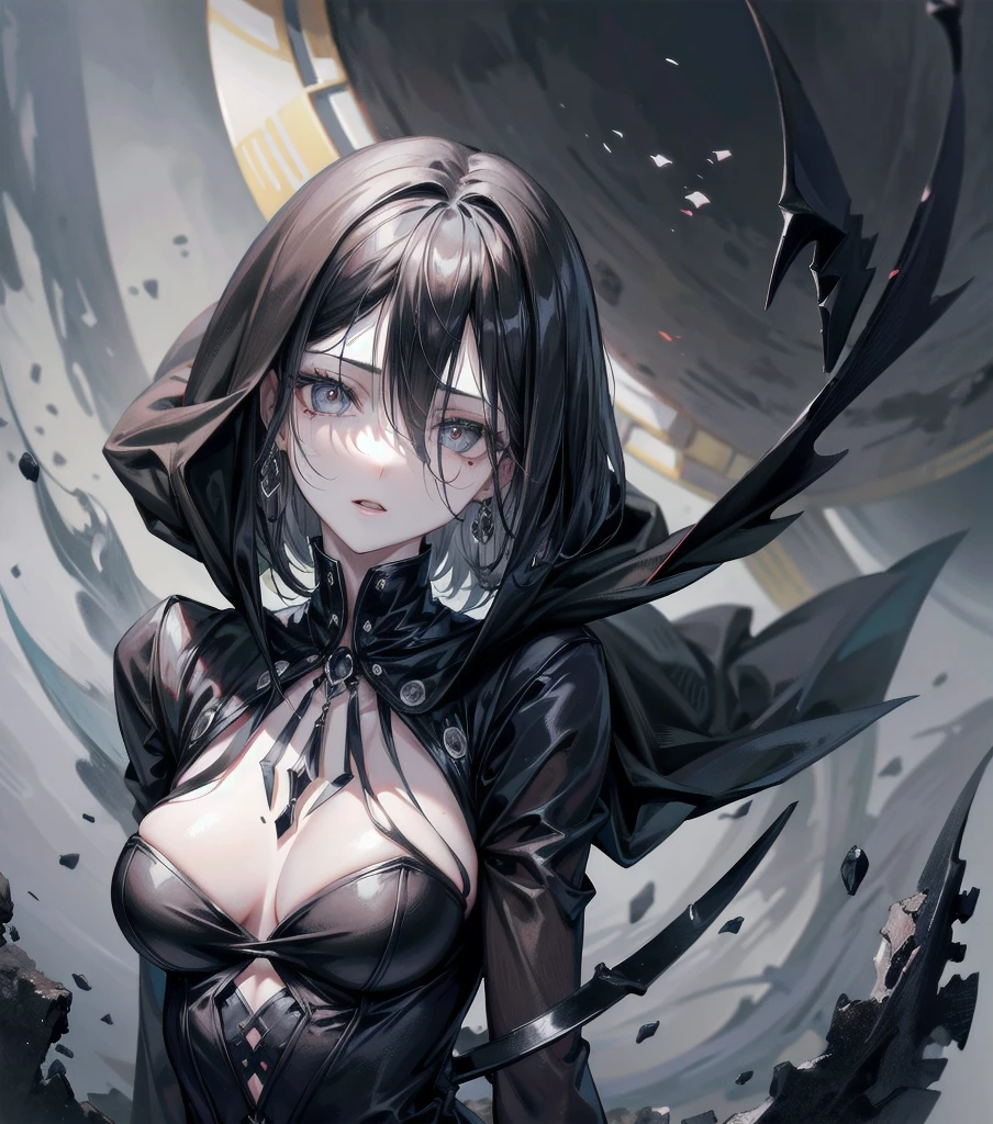 grim reaper, black scythe, absurdres, RAW photo, extremely delicate and beautiful, masterpiece, Best Quality, ultra high resolution, 32k, hyperrealistic, ultra-detailed, detailed description, pale skin, 20 years old, tearful mole, earring, short medium hair, wavy hair, whole body shot,