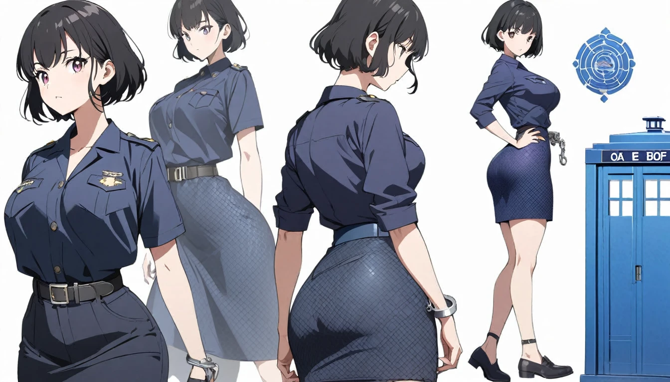 Anime Style,Girl,Are standing、slouch、policewoman,skirt,Black Hair、short hair,Large Breasts,Small waist,Big Ass,tall,Purple underwear with intricate patterns、police box、handcuffs