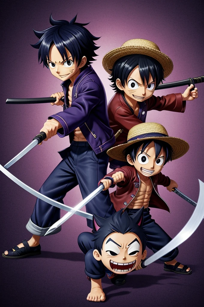 A chibi Nekomata boy in a purple jacket and navy blue pants with two katanas fighting Straw Hat Luffy.